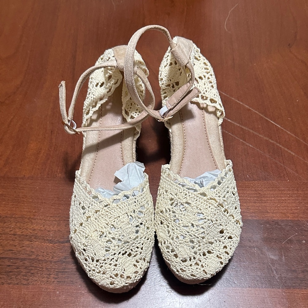 Women's Cream Crochet Ankle-Strap Wedges